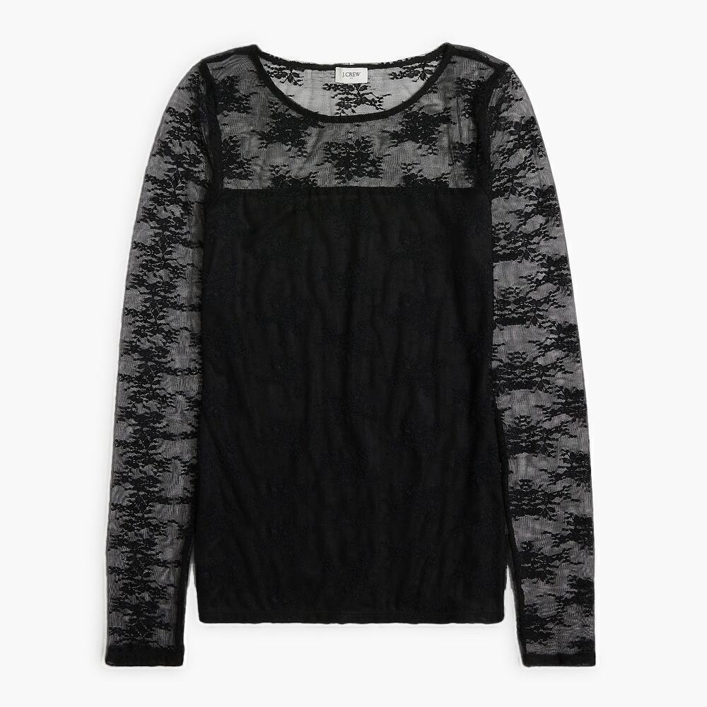 J. Crew Top Long Sleeve Sheer Lace Lined Slim Fit Gothic Tee Black NWT Medium